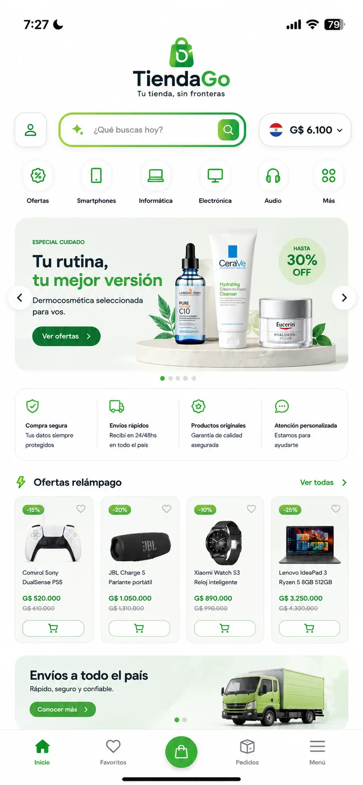 La tienda en el celular: buscador, categorías de electrónica y el cambio del día arriba